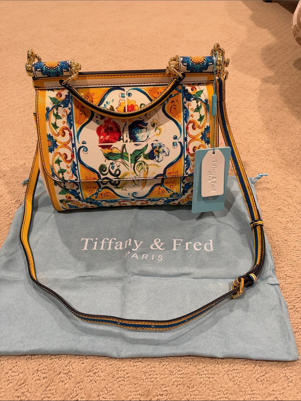 Tiffany & Fred Yellow Floral Printed Top-Handle Satchel with Blue Accents